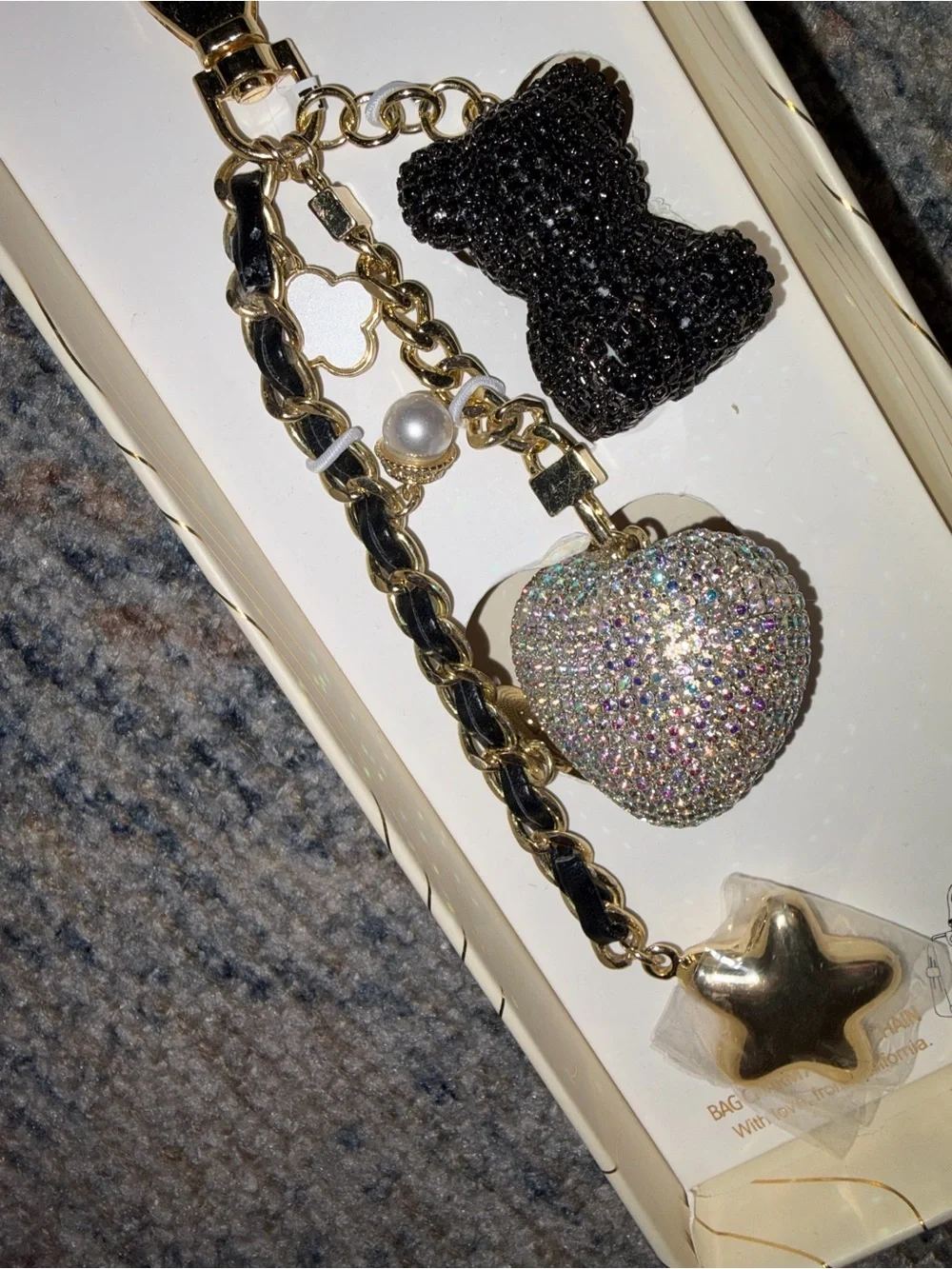 Eye Candy LA Gold Rhinestone Bear & AB Heart Handbag Charm New